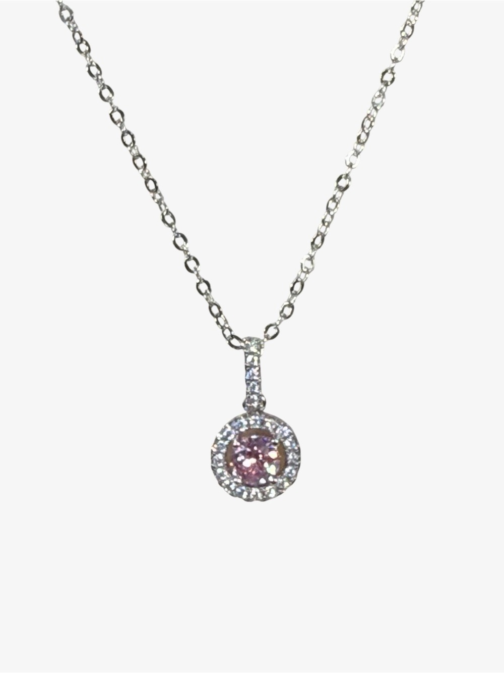 Sterling Silver Pink Halo Pave Pendant Necklace